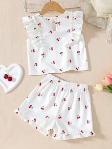 Set 2 bucăți pentru fetiță, vară, alb, cireș, imprimeu, set de tricou și pantaloni scurți fără mâneci, costum pentru călătorii de vacanță primăvara și vara
