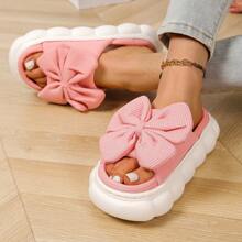 1 Pair Cute Solid Color Bow Cloth Lady House Slippers, Thick Anti-Slip Soft EVA Sole, Breathable Comfort Vamp, Suitable For All Seasons