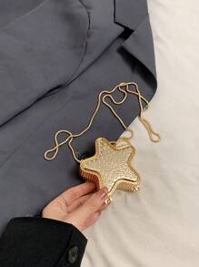 1 件秋冬新款五角星链条迷你斜挎包，水钻装饰盒磁扣包，时尚女士和女孩，适合日常购物、旅行和生日礼物 - 金色 - 查看 3