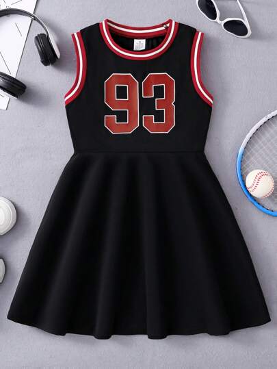 Tween Girl 春夏新款时尚简约连衣裙，圆领无袖中长款字母印花连衣裙，舒适柔软百搭休闲连衣裙，活力户外运动时尚服饰