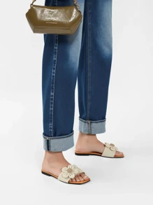 Giày sandal đế bằng họa tiết hoa mũi vuông dành cho nữ, giày sandal đế mềm, giày đi nghỉ hè phong cách Mori tươi mới - Màu be - Xem 3