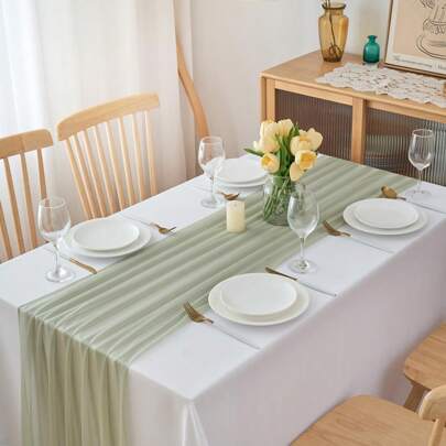 1pc 73" X 300cm Sage Green Sheer Chiffon Table Runner, Transparent Chiffon Table Cloth With Silver Glittering, Rustic Boho Style Table Decor, Suitable For Wedding, Bridal Shower, Bachelorette Party, Christening, Birthday, Princess Party, Dessert Table, Bridal Table, Wedding Banquet