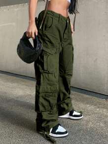 Y2K Style High Waist Wide Leg Workwear Jeans With Stretch And Flap Pockets - Women's Retro Streetwear - 軍綠色 - 查看 3