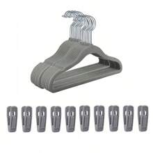 50 件/30 件/10 件儿童植绒防滑衣架，天鹅绒植绒材料不会掉毛，婴幼儿专用，带夹子，节省空间，非常适合衣柜整理和储存