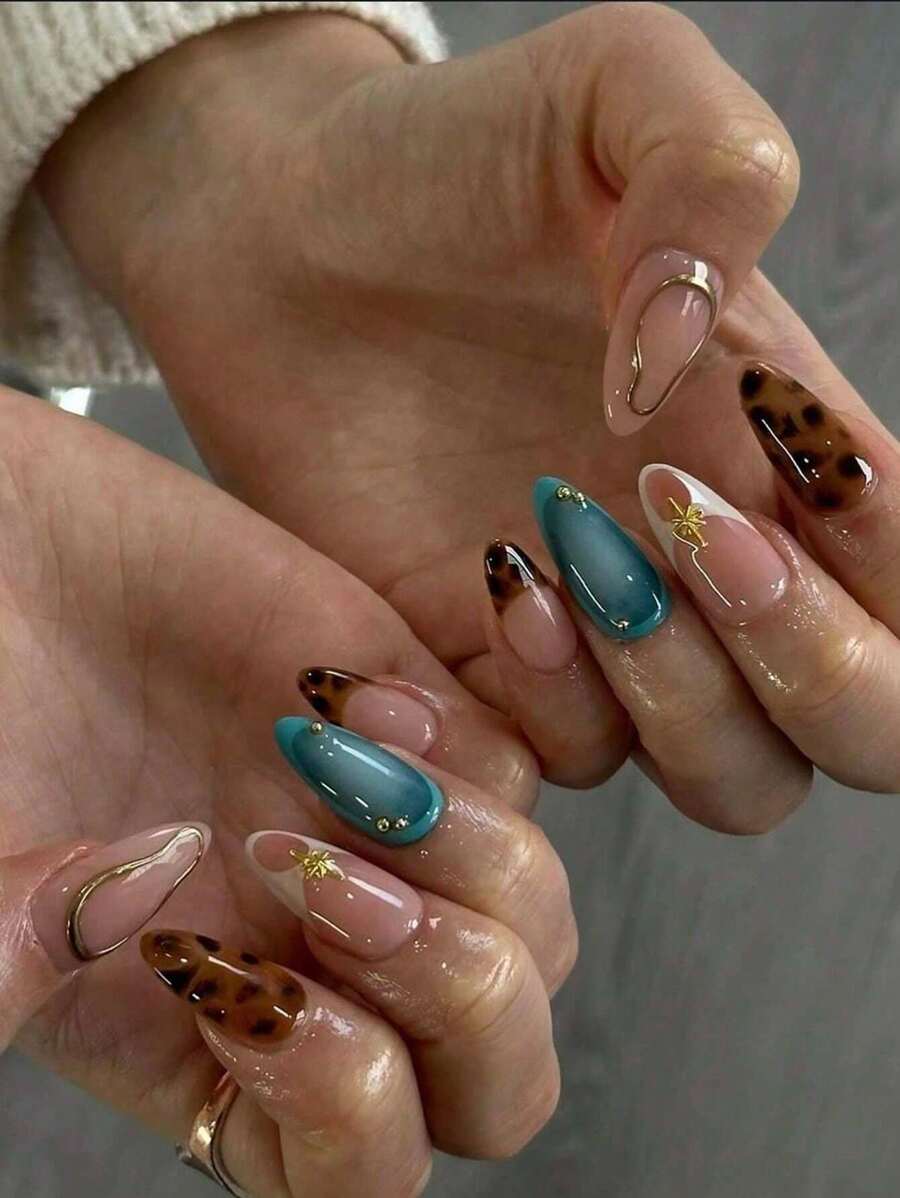 Bộ 24 móng tay giả hình quả hạnh nhân kiểu Pháp thời trang màu xanh ombre vàng trang trí phủ toàn bộ, kèm 1 gel thạch và 1 dũa móng - Tuyệt vời cho các bữa tiệc, hẹn hò và sử dụng hàng ngày của phụ nữ và trẻ em gái - Nhiều màu - Xem 1