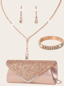 Rhinestone Jewelry Set Sparkling Necklace Earring Bracelet Set Women's Evening Dress Handbag Bride's Wedding Elegant V-Shaped Flip Envelope Handbag Women's Ball Handbag With Detachable Metal Chain Wedding And Party Handbag Wedding Handbag Women's Evening Dress Handbag Wedding Party Bride Handbag - Black - View 5
