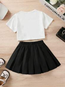 2pcs/Set Tween Girl Chicago 19 Print Round Neck Short Sleeve T-Shirt & Pleated Skirt Outfit, Spring/Summer - Multicolor - View 4
