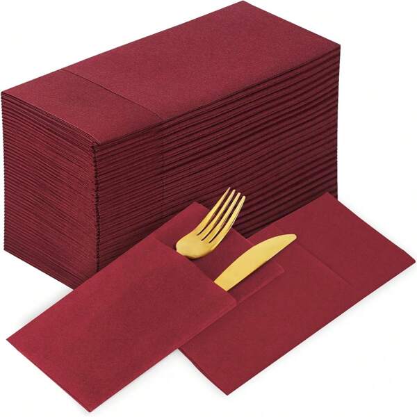 10pcs/50pcs Red Disposable Linen Touch Pre-Folded Pocket Napkins, For Wedding Decoration, Dinner Party, Cocktail Event, Hotel