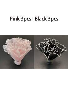 6 pièces/set Bouquet de fleurs en chiffon de style vague coréen, artisanat de fleurs roses pour l'emballage-cadeau, convient pour la décoration de fleuriste, les faveurs de mariage, les cadeaux d'anniversaire - chiffon, volants, perles, rose, blanc