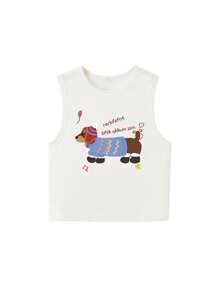 可爱腊肠犬印花短款背心，修身学院风女式无袖衬衫，凸显身材 - 白色 - 查看 8