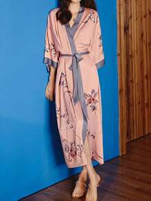 中国风复古新款中式三四袖中长款罩衫和服长袍系腰休闲夏季沙滩罩衫，防晒 - 粉色 - 查看 6