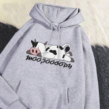 Women's Spotted Cow Print Sweatshirt, Street Hoodie, Breathable, Warm Pullover, Cute Sportswear, Autumn, Winter