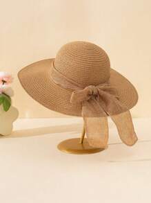 1pc Unisex Linen Ribbon Bow Decor Simple Fashion Flat-Brimmed Sun Hat, Large Brim Suitable For Summer Outdoor Daily Wear, Beach, Wedding, Children's Gift - Flat Edge Linen Ribbon - View 17