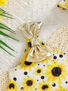 Baby Girls' Cute Colorful Strap 3D Bow Mesh Swimsuit With Swim Cap, Suitable For Daily Outings And Swimming, Summer - Yellow - View 6