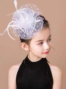 1pc Kids Costume Accessories, Performance Wedding Headpiece, European & American Retro White Veil Feather Small Hat, Party Decor - White - View 1