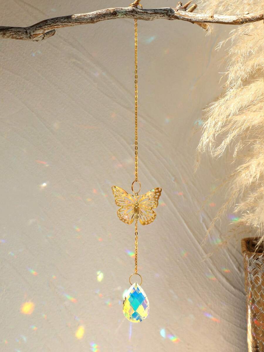 1pc Golden Butterfly Crystal Pendant Sunshine Catcher Rainbow Manufacturing Pendant, Bedroom And Garden Decoration Room Decors Wedding Decor Home Decors