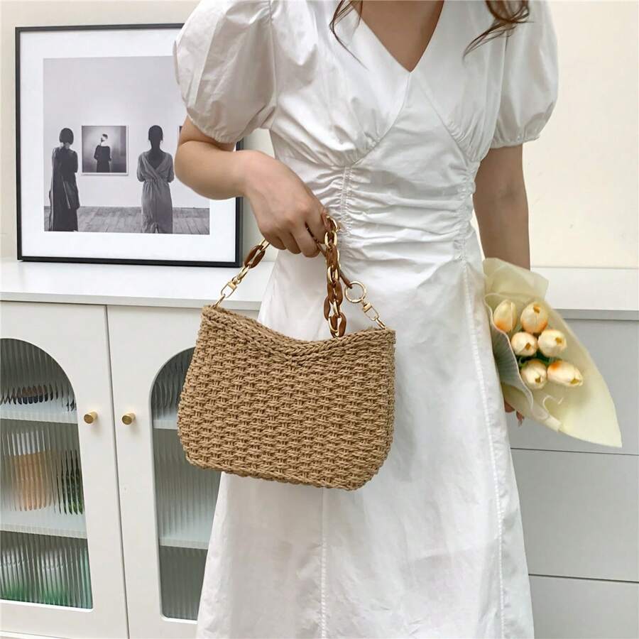 编织沙滩包，时尚多用途腋下小链条包