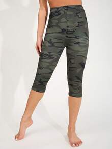 女士休闲时尚紧身裤，透气弹力紧身裤，欧美风格迷彩印花，适合家庭锻炼、瑜伽、户外海滩旅行、徒步旅行、露营、七分裤长度