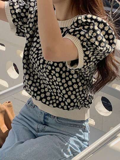 Daisy Flower Knitted Round Neck Puff Sleeve Short Sleeve T-Shirt Top For Women, Summer
