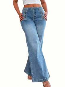 High-Waisted Mom Jeans With Multiple Buttons, Wide-Leg Jeans For Women, Oversized Boyfriend Style Flared Jeans With Button Details For Women, Blue Button Mid-Waist Flared Jeans, Women's Cropped Jeans, High-Quality Designed Jeans, Button Mid-Waist Slimming And Hip-Lifting Flared Jeans, Boot-Cut Jeans The Hem Of The Trousers Has A Folding Design. The Trousers Are In Flared And Straight Styles, With A Washed And Aged Look. There Is No Belt On The Trousers. The Trousers Are Closed By Zippers And Buttons. There Are Four Buttons On Each Side Of The Trousers As Decoration. There Is A Back Pocket - 藍色 - 查看 5