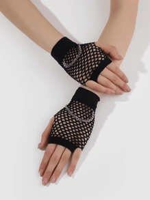 1 Pair Metal Thin Chain Fingerless Fishnet Gloves - Black - View 1