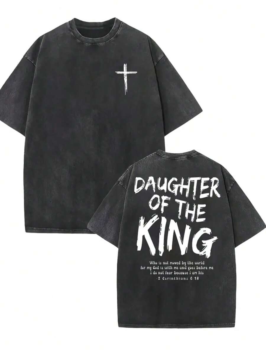 King's Daughter Letter Pattern Printing High-Quality Washed T-Shirt, Fashionable And Versatile, Round Neck T-Shirt, Men's Outdoor Clothing. - màu đen - Xem 1