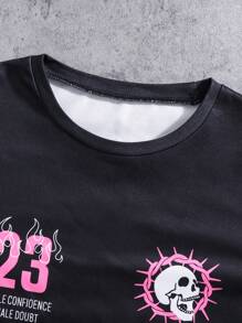 Tween Boy Casual Minimalist Cool Hip-Hop Math Letter Print Tween Boy Round Neck Short Sleeved Set With Micro Flared Pants, Suitable For Daily Outdoor Gatherings Wearing 2 Pieces Set - Black - View 6