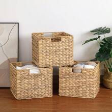 Water Hyacinth Storage Baskets, 12X12X10in Wicker Storage Cubes Set Of 3, Kitchen Baskets For Storage Pantry, Baskets For Pantry Organization, Foldable Square Baskets For Kallax - 12X12X10吋(水葫蘆) - 查看 4