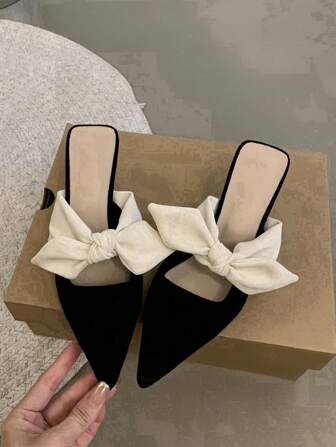 女士蝴蝶结尖头高跟凉鞋、法式露趾穆勒鞋、春夏季女士拖鞋