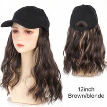 Parrucca da cappellino con medie onde ricce, nera, marrone, biondo con riflessi, pezzi per extension, sintetica, da 12 pollici, con cappellino da baseball attaccato, regolabile, adatta per uso quotidiano delle donne