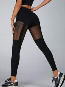 Women's Mesh Yoga Leggings, Hollow-Out Breathable Quick-Dry Skinny Pants For Running, Workout, Fitness, Spring/Summer, Black