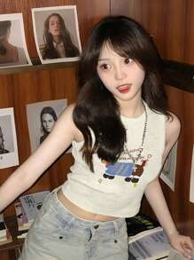 可爱腊肠犬印花短款背心，修身学院风女式无袖衬衫，凸显身材 - 白色 - 查看 3