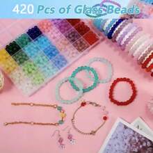 420 pièces Kit de perles rondes en verre pour la création de bijoux, bracelets, colliers, boucles d'oreilles, artisanat, cadeaux (couleurs aléatoires)