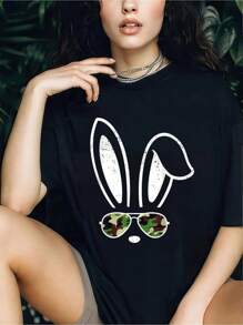 Bunny Ears Retro Funny Easter Camo Camouflage T-Shirt - 100% Cotton  Women's Casual Short Sleeve Crew Neck T-Shirt For Spring & Summer - Comfortable, Relaxed Fit, Printed Graphic Tee For  Sport Lovers