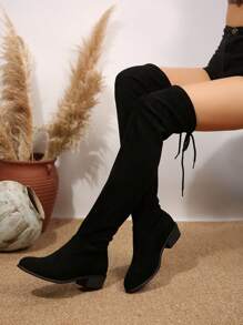 Women's Faux Suede Over The Knee Boots, Slim High Shaft Chunky Heel Riding Boots, Comfortable Elastic Casual Knee High Boots