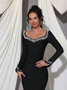 Modphy Black Long Sleeve Luxury Handmade Pearl Embellished Bodycon Bandage Dress, Elegant Bridesmaid Dress For Formal Wedding, Party, And Banquet,Gown,Evening,Wedding Guest