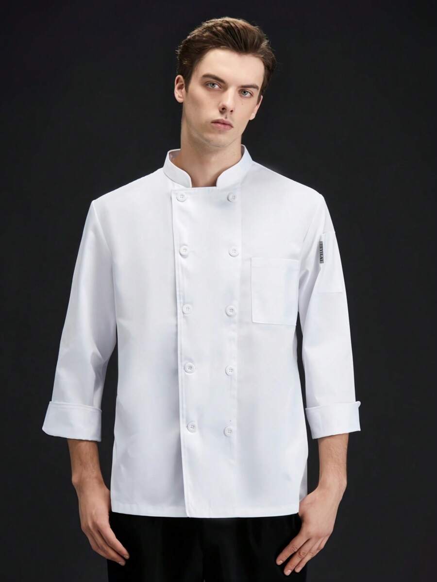 新款经典厨师服，长袖，双排扣，白色，高端酒店，餐厅，面包店，咖啡厅，采用精梳面料制成，亲肤舒适，透气，干净利落的剪裁设计，简洁优雅，小立领