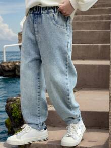 1pc Young Boy Casual Cartoon Print Elastic Waist Denim Pants, Suitable For Spring - Blue - View 2