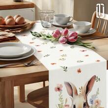 1pc, Happy Easter, Cute Bunny, Easter Egg Pattern Tablecloth, 72 Inch Knitted Polyester Easter Atmosphere Tablecloth, Holiday Table Decoration Tablecloth, Home Decor, Easter Decoration, Gift