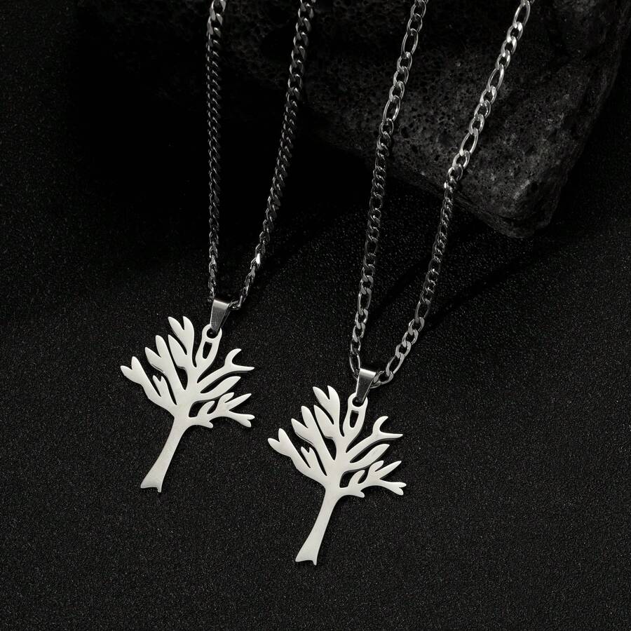 dollrinboy 1 件黑银金色不锈钢生命之树吊坠项链，适合男士和女士 - tree - 查看 1