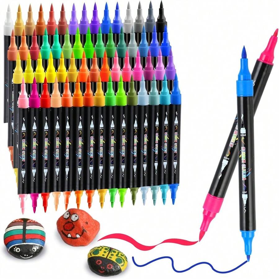 60 Colours Acrylic Pens For Stones Double Tip Stones Painting Pens Waterproof With Brush Tip And Fine Tip Permanent Marker Pens Acrylic Pens For Canvas Glass Ceramic Crafts Art Supplies