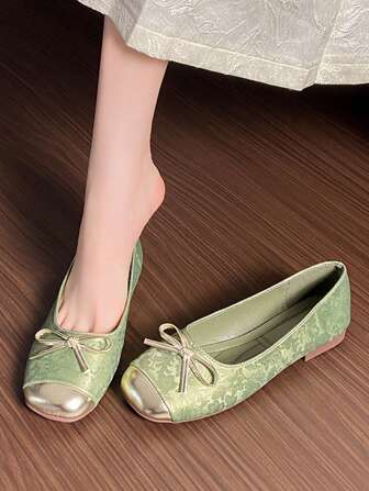2025 Retro Green Chinese Style Low Heel Bowknot Mary Jane Flats For Women, Suitable To Wear With Dresses