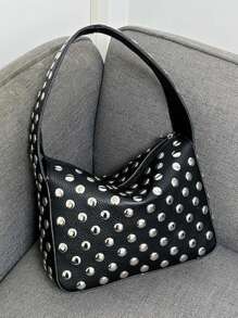 Fashionable Studded Purses, Shoulder Bag Punk Inspired, Women's Small Shoulder Purse, Vegan Leather Designer Handbags Streetwear, Y2k Bag, 2000s Fashion Style, Gothic Punk Bag For Women - Black - View 2