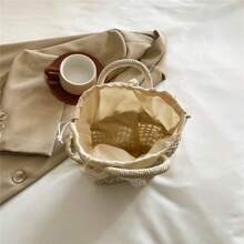 时尚百搭纯色草编手提包，休闲手提单肩包，带蝴蝶结装饰，适合旅行、购物