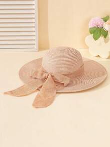 1pc Unisex Linen Ribbon Bow Decor Simple Fashion Flat-Brimmed Sun Hat, Large Brim Suitable For Summer Outdoor Daily Wear, Beach, Wedding, Children's Gift - Flat Edge Linen Ribbon - View 9