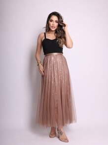 saia tule de moda feminina comprida longa com brinho - Castanho - Visão 1