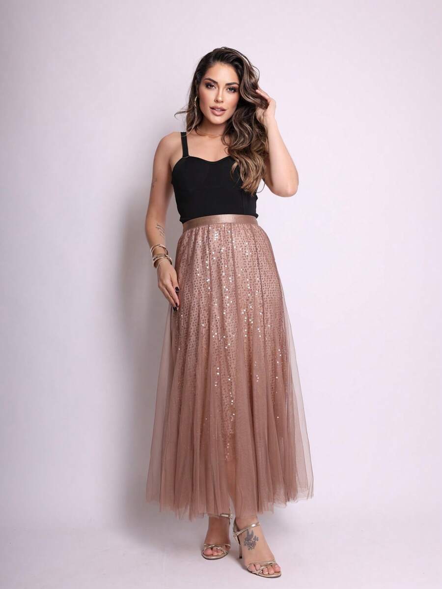 saia tule de moda feminina comprida longa com brinho - Castanho - Visão 1