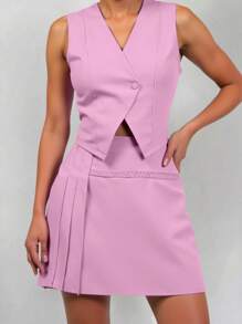 Liuhan Modasfeminina Women's Suit Set With Vest And Buttons And Pleated Midi Short Skirt Elegant Summer Spring - 粉色 - 查看 2