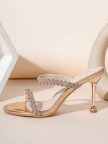 2025 新款欧美风格水钻细高跟凉鞋，性感时尚女士高跟露趾拖鞋 - 香檳色 - 查看 4