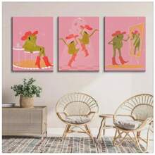 3 件装可爱绿色青蛙帆布墙艺术趣味动物图片青蛙女牛仔粉色海报跳舞室美学绘画墙面装饰复古女牛仔靴，客厅和房间装饰，浴室装饰，理想礼物，无框架